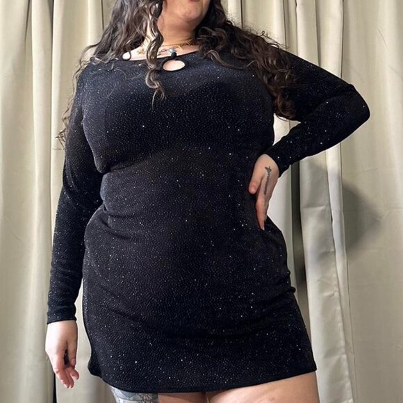 90s Rabbit Rabbit Rabbit Designs Black Sparkle Longsleeve Slinky Mini Dress - Picture 1 of 6
